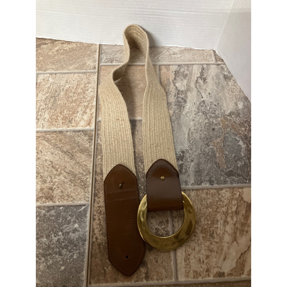 Steve Madden Woven Belt Natural Tan‎ Brown Leather Trim Large Gold Ring Buckle